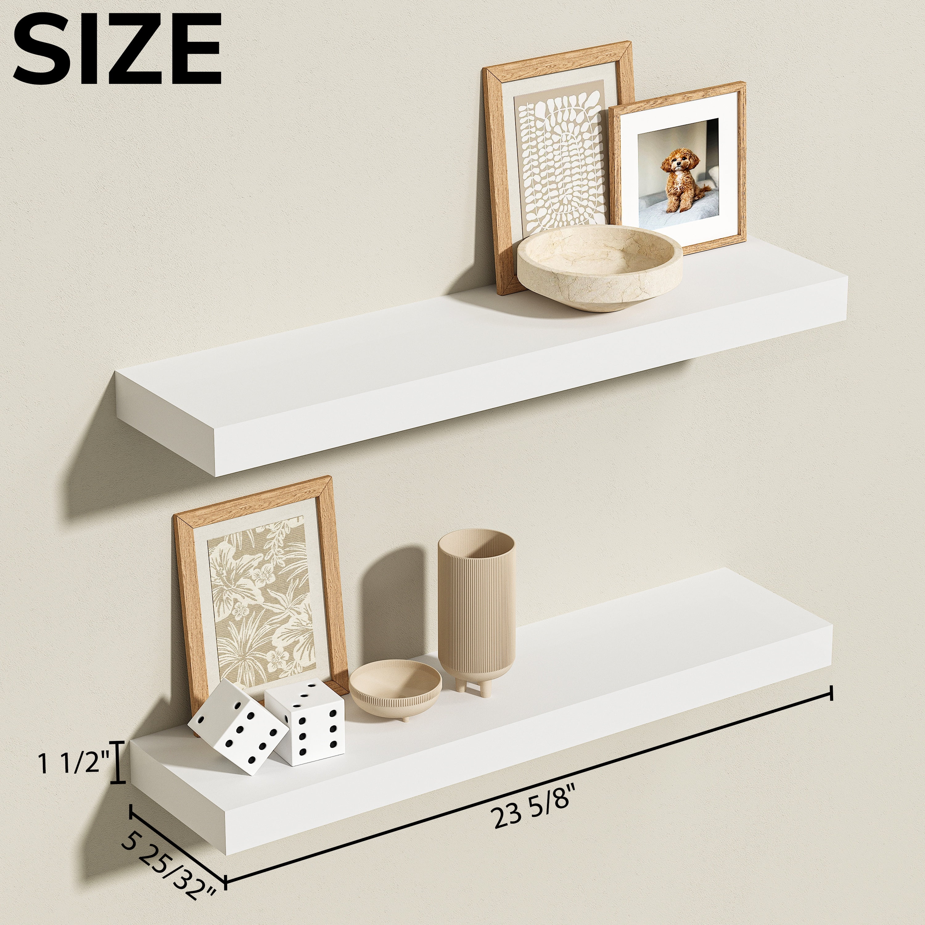 Jouetondream 24X6 White Floating Shelves for Wall, Wood Hanging Shelves up to 20lbs for Bedroom, Bathroom, Kitchen(Set of 2)