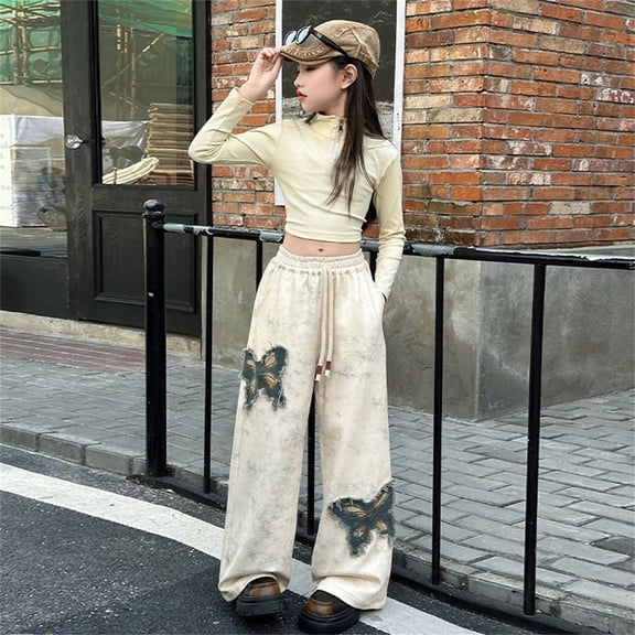 Kids Girl Uniform Pants Elastic High Waisted Lightweight Beige Wide Leg Sweatpants With Pockets Girls Outfits Size 8-9 Years