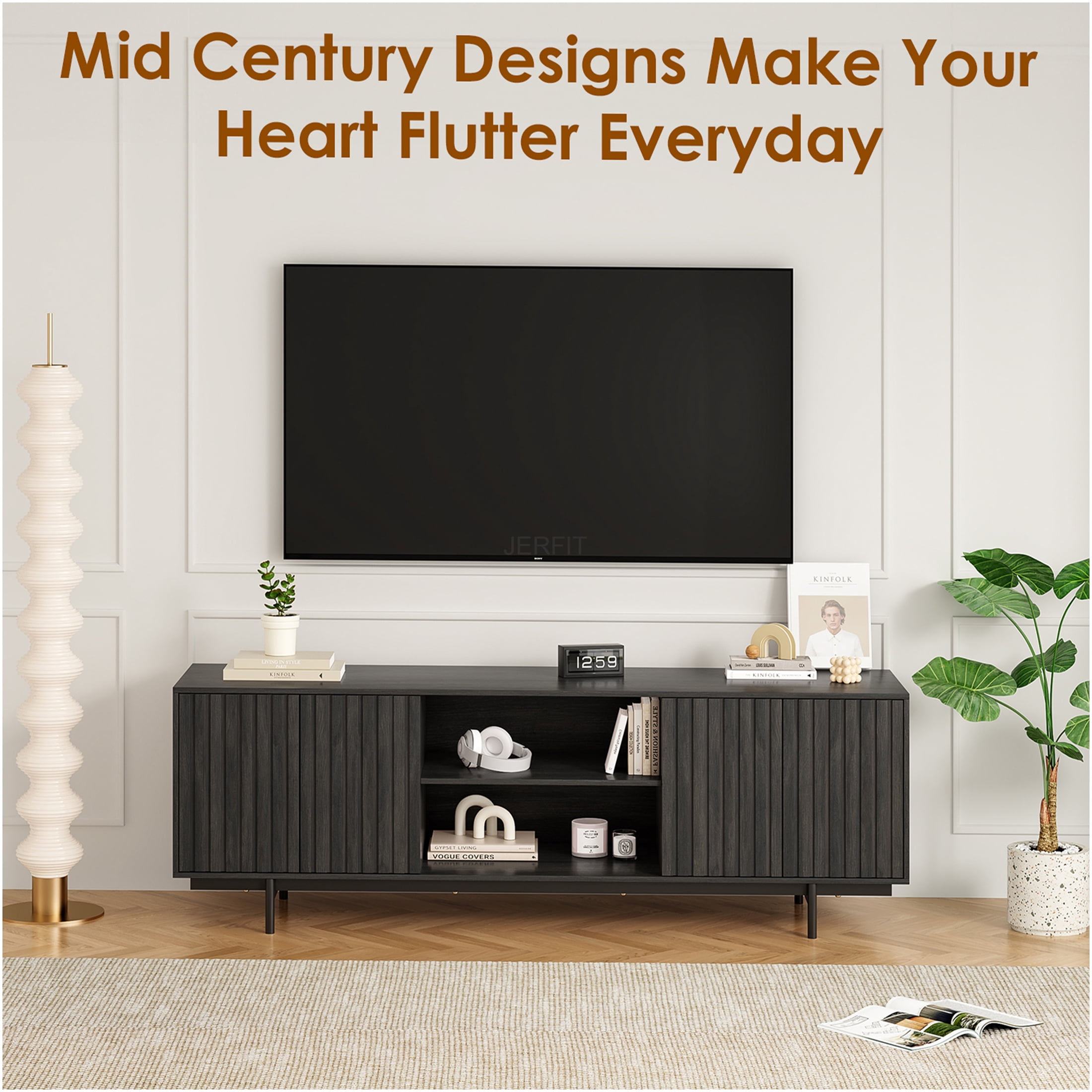 JERFIT 75 inch TV Stand with Pop-Up Doors, Mid Century Modern Entertainment Center with Storage Shelves, Farmhouse Retro Fluted Design for Living Room, Bedroom, Black