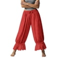 thumbnail image 4 of Women Linen Lace Trim Long Bloomers Pants Ruffle Victorian Vintage Pantaloons Summer Beach Travel Vacation Pants Red L, 4 of 6