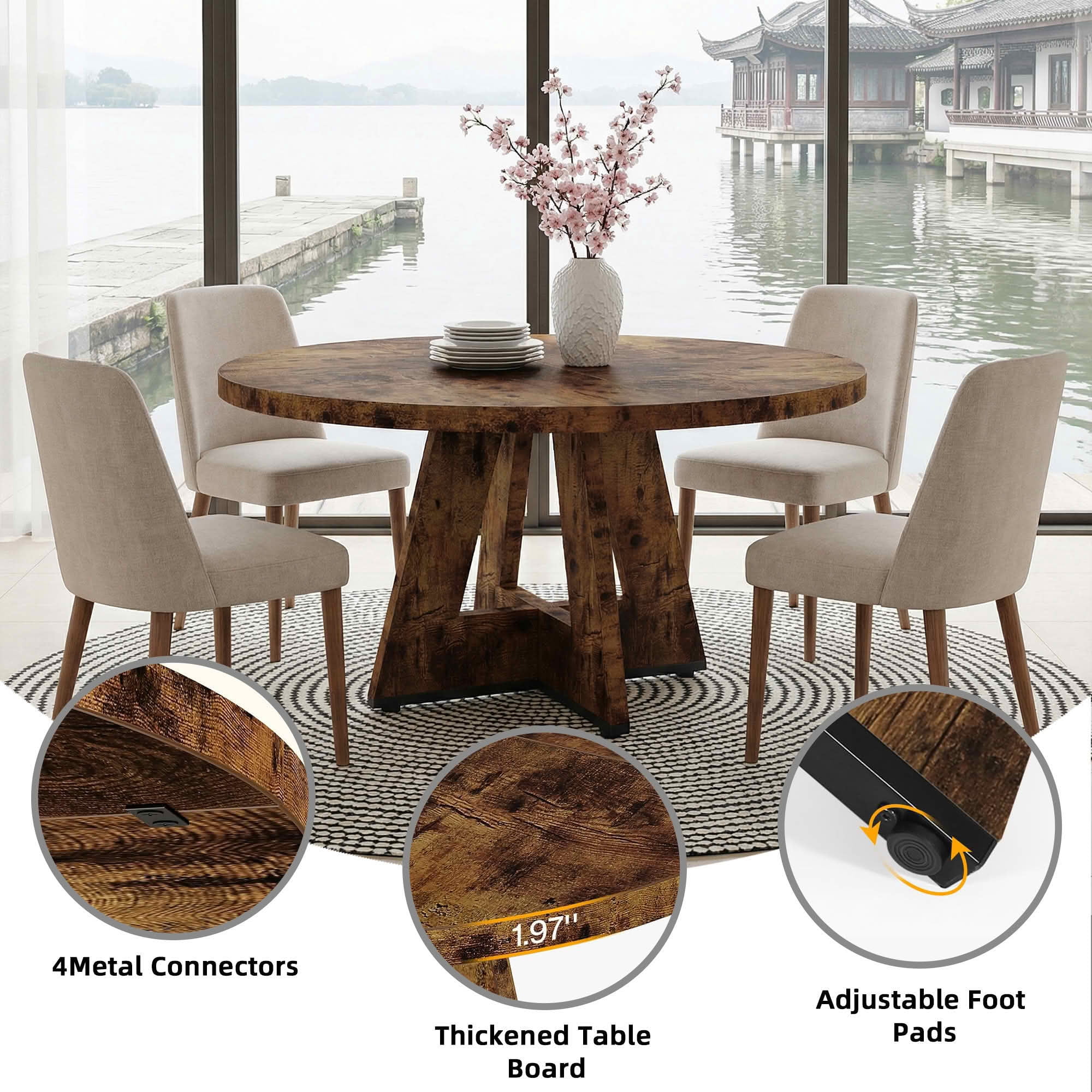 MAYEERTY 47 Inch Farmhouse Round Dining Table, Wooden Kitchen Dinner Table for 4 People with Sturdy Metal Frame