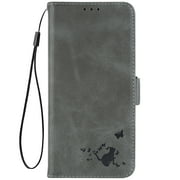 LICHENGTAI Samsung Note 9 Leather Case,Samsung Note 9 Grey Cat and Butterfly Embossed Leather Case with Lanyard