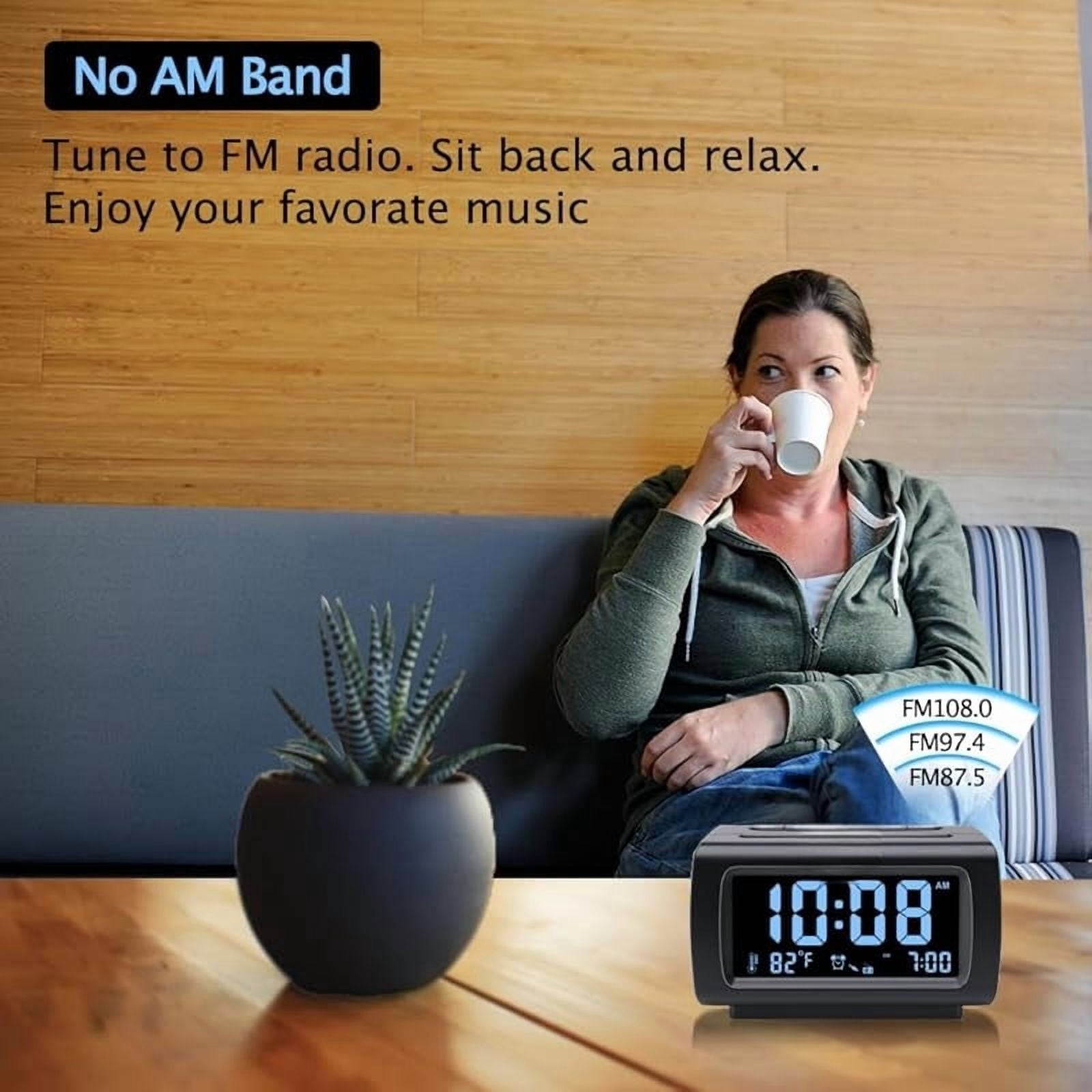 Alarm Clock Radios for Bedrooms with Battery Backup, Large Big Numbers with Brightness Dimmer, USB Port, Bedside Digital FM Radio with Sleep Timer, Temperature, Adjustable Volume, Snooze