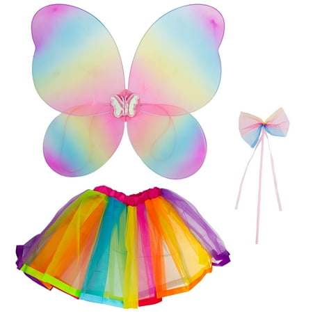 Fancy Wing - Lux Accessories Rainbow Fairy MIni Skirt Butterfly Wing Ribbon Bow Costume Set