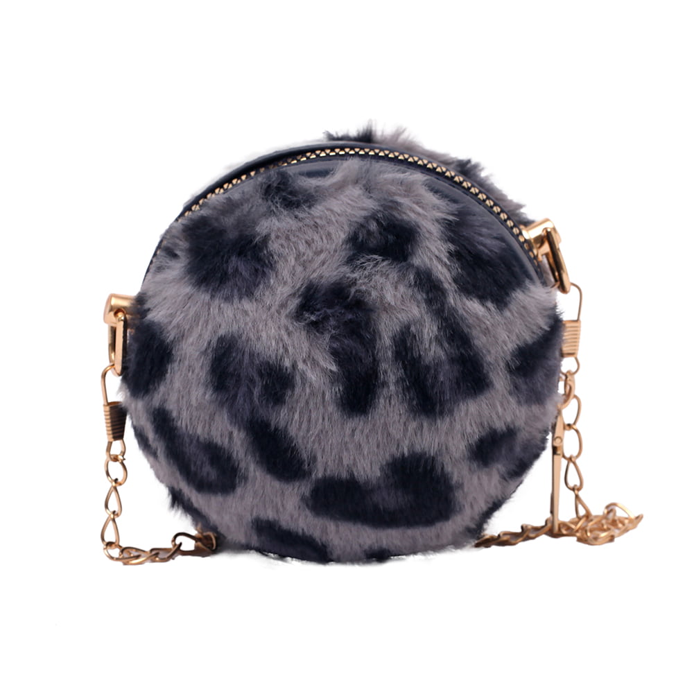 Leopard Print Pom Pom Accent Faux-fur Round Cross Body Bag 