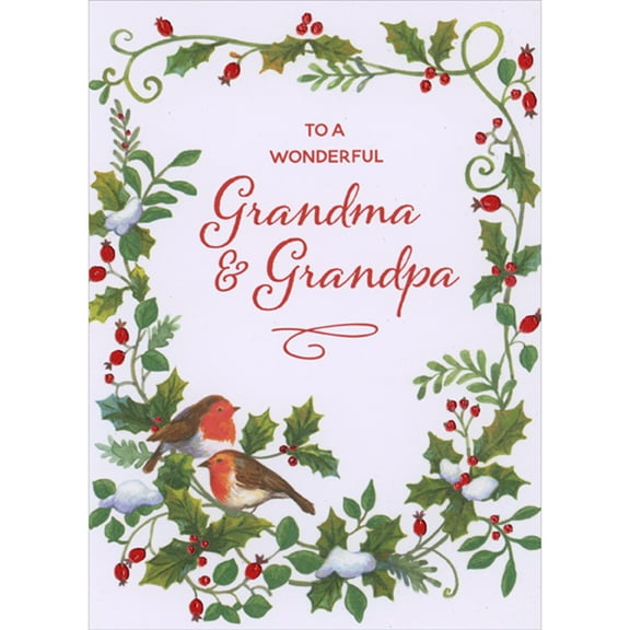 Designer Greetings Two Birds Perched on Swirling Holly Vines and Berries Border Christmas Card for Grandma and Grandpa