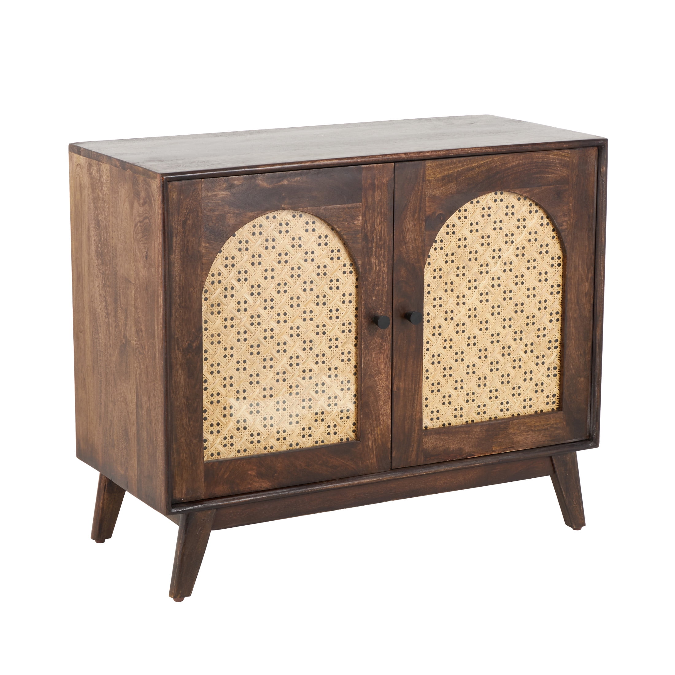 DecMode 35" x 30" Brown Mango Wood Handmade 2 Door Cabinet with Rattan Front and Black Knobs, 1-Piece