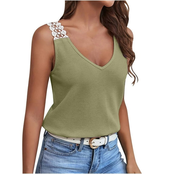 Wycnly Womens Tank Tops Sexy Lace Patchwork Knitted Ribbed Loose Fit Vest Tops Summer Fashion Solid V-Neck Sleeveless Shirts Blouse Green l
