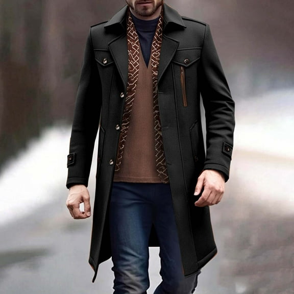 Wool Jackets for Men Long Peacoats Fall Trench Coat Formal Business Outerwear Detachable Hood with Pockets