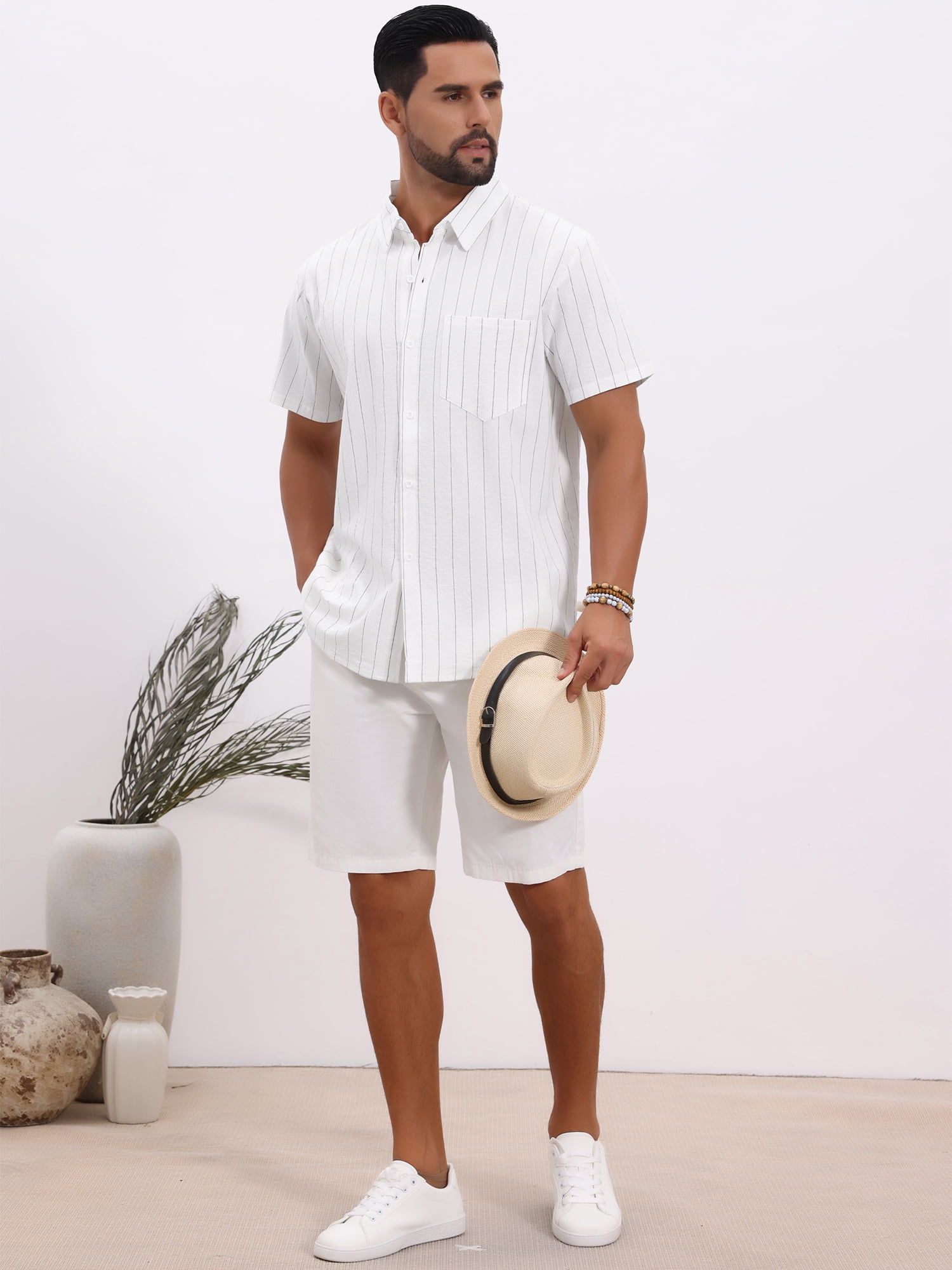 DARING DIVA Men's Point Collar Short Sleeve Button Down Stripes Shirts S White