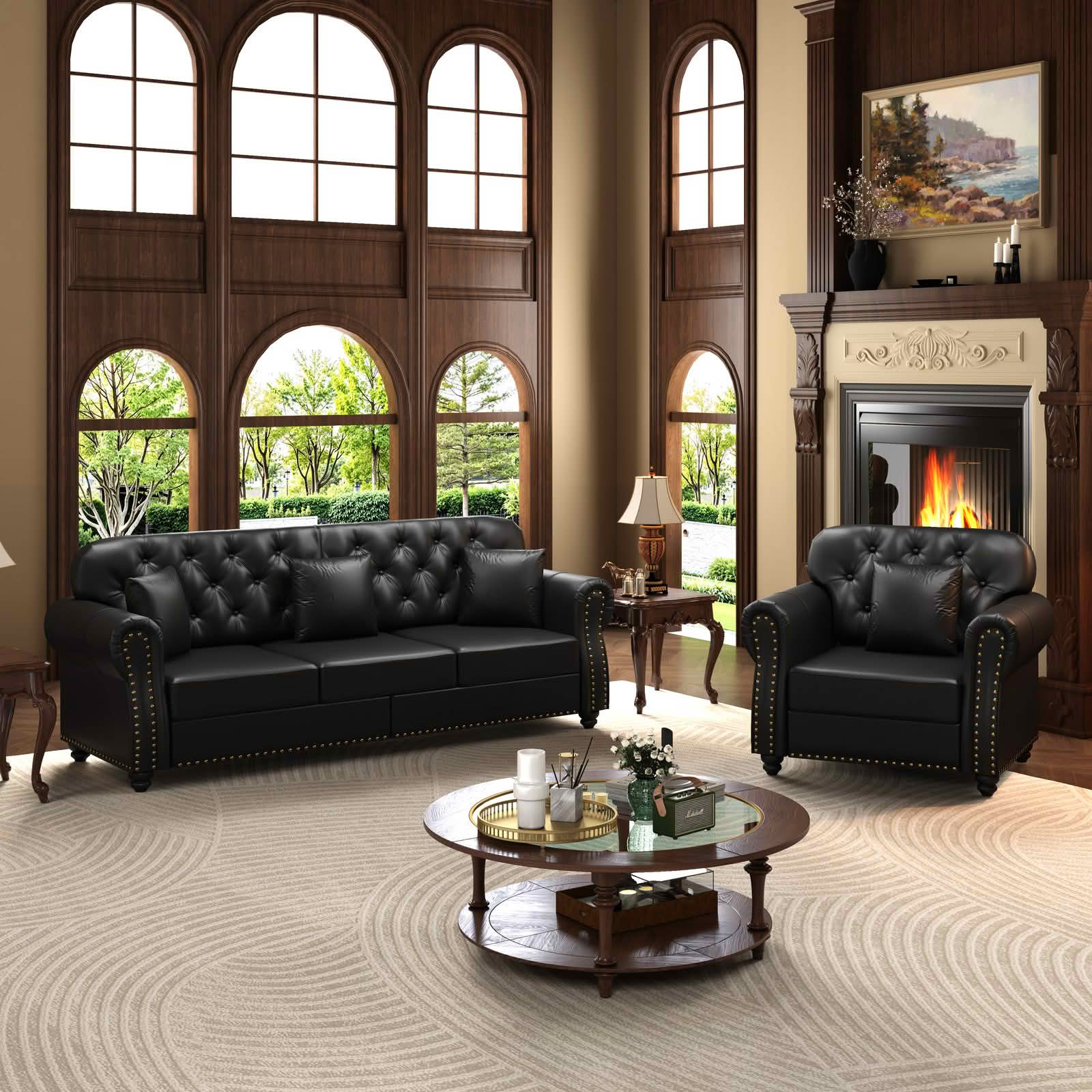 MAYEERTY Mid‑Century Modern Chesterfield Sofa Set, Faux Leather Upholstered 1+3 Seater Combination Couch with Button Tufted, Nailhead Trim & Rolled Armrests, Includes 4 Pillows
