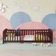 thumbnail image 2 of Leumius Twin Size Floor Fence Bed with Central Entrance, Pine Wood Floor Bed with Guardrails for Boys Girls Espresso, 2 of 9