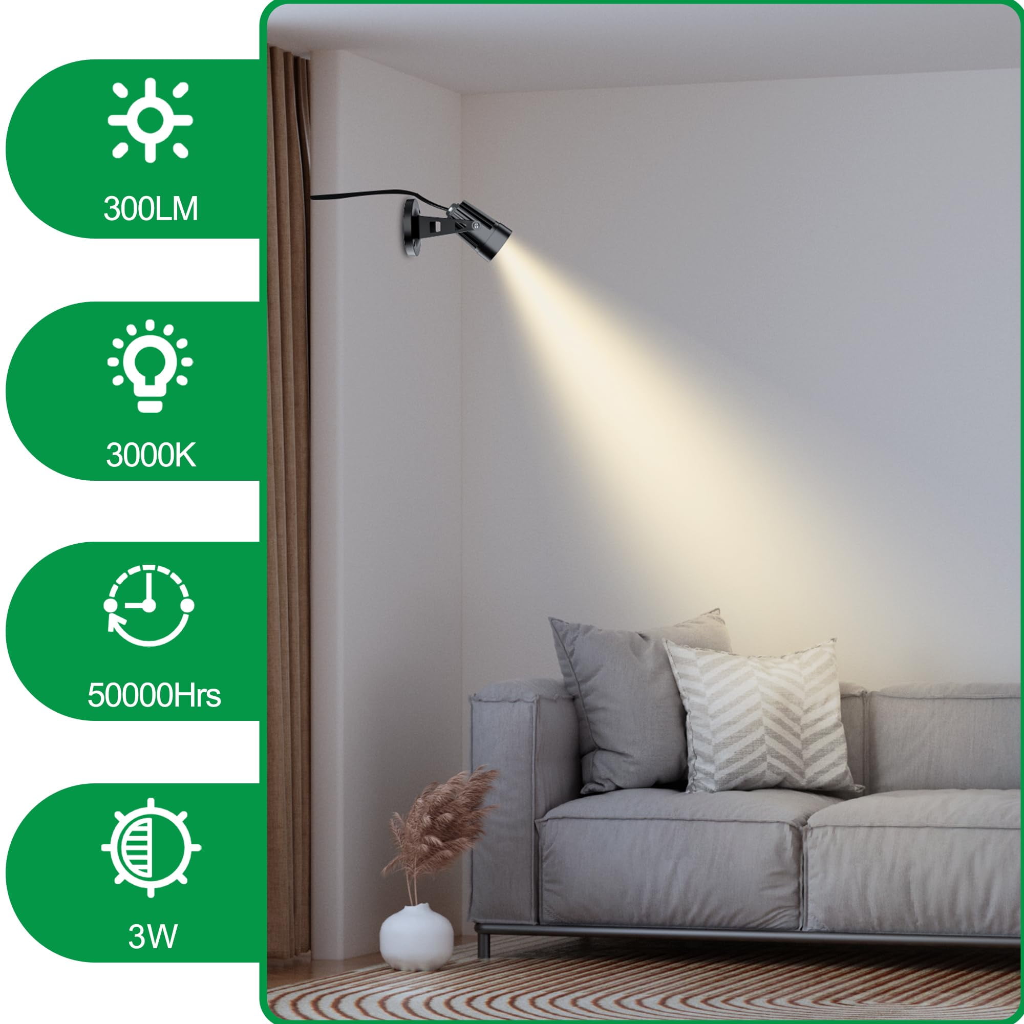 Indoor LED Uplighting Indoor 3W Up Lights Floor Spotlight 3000k Warm White Plant Spotlight Indoor 5.9 FT Cord with Foot Switch