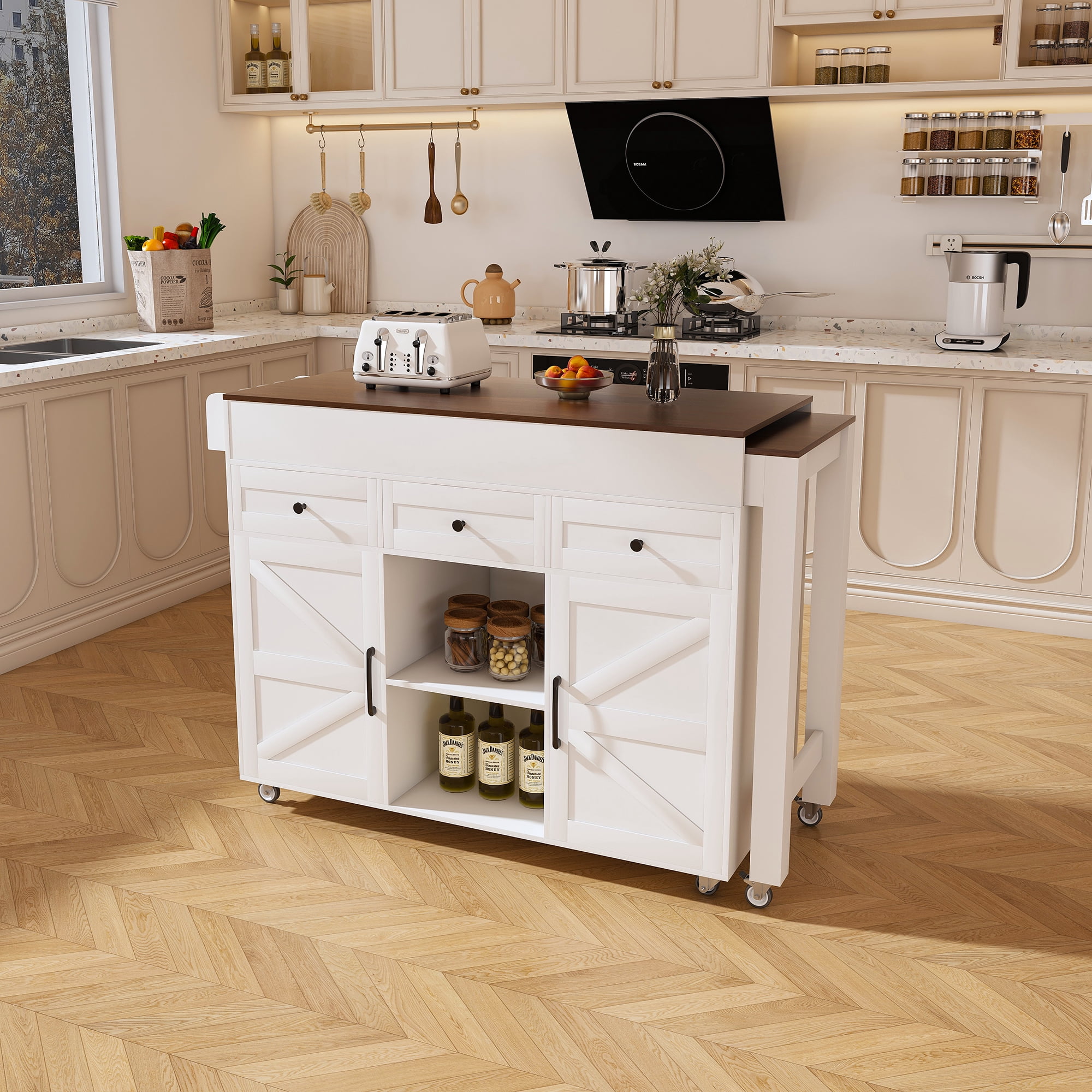 74.8" Kitchen Island with Extendable Dining Table & Power Outlet - Rolling Storage Cart on Wheels with 3 Drawers & 2 Door Cabinet for Dining Room, White