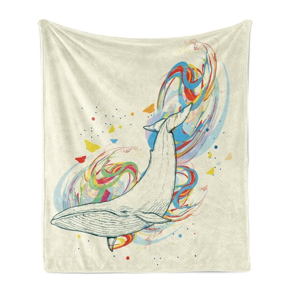 Whale Soft Flannel Fleece Throw Blanket, Whale Cartoon Diving into the Ocean and Dividing the Water into 2 Image Print, Cozy Plush for Indoor and Outdoor Use, 70" x 90", Blue and White, by Ambesonne