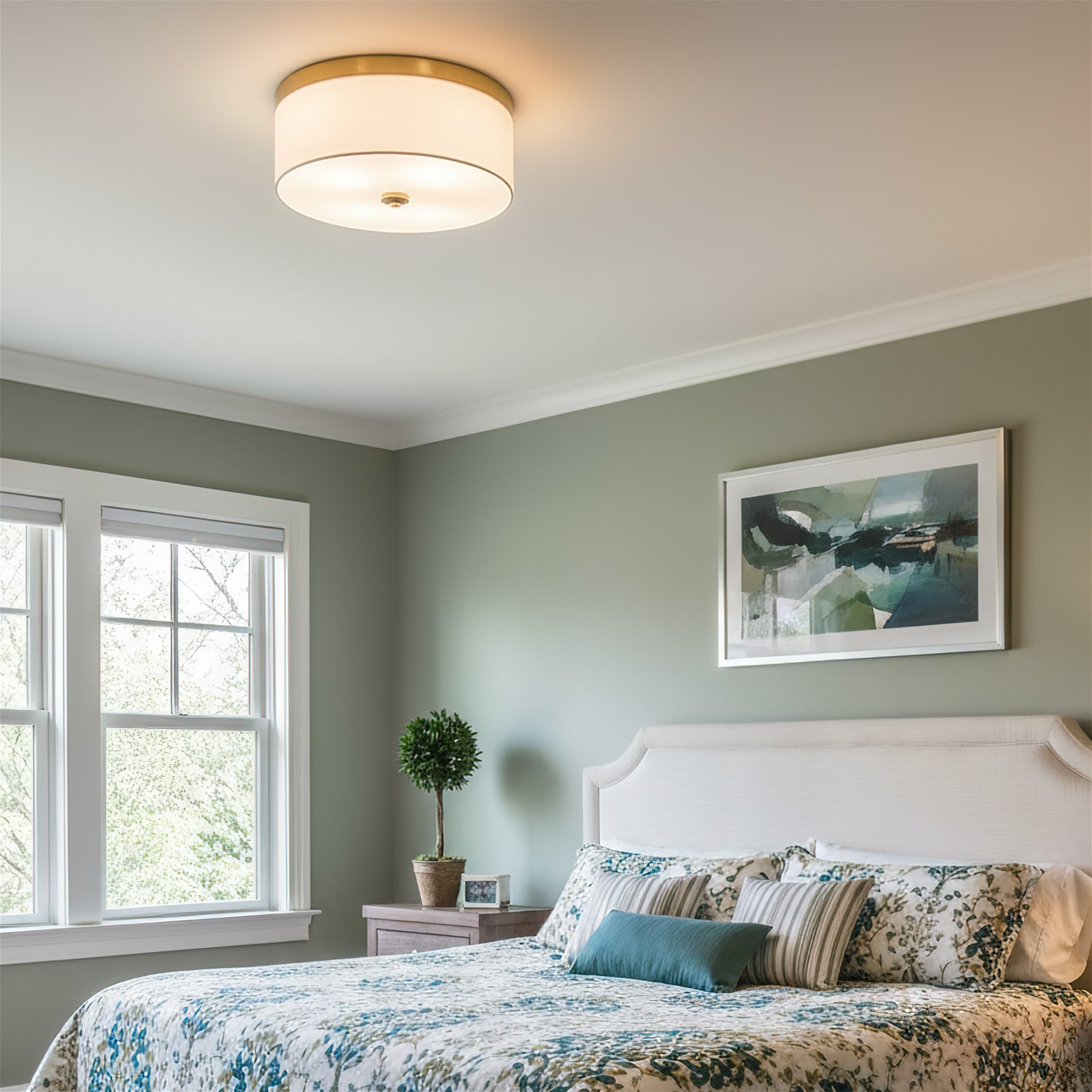 Kira Home Walker 15" Drum Gold Flush Mount Ceiling Light, White Fabric Shade, Frosted Glass Diffuser, Close to Ceiling