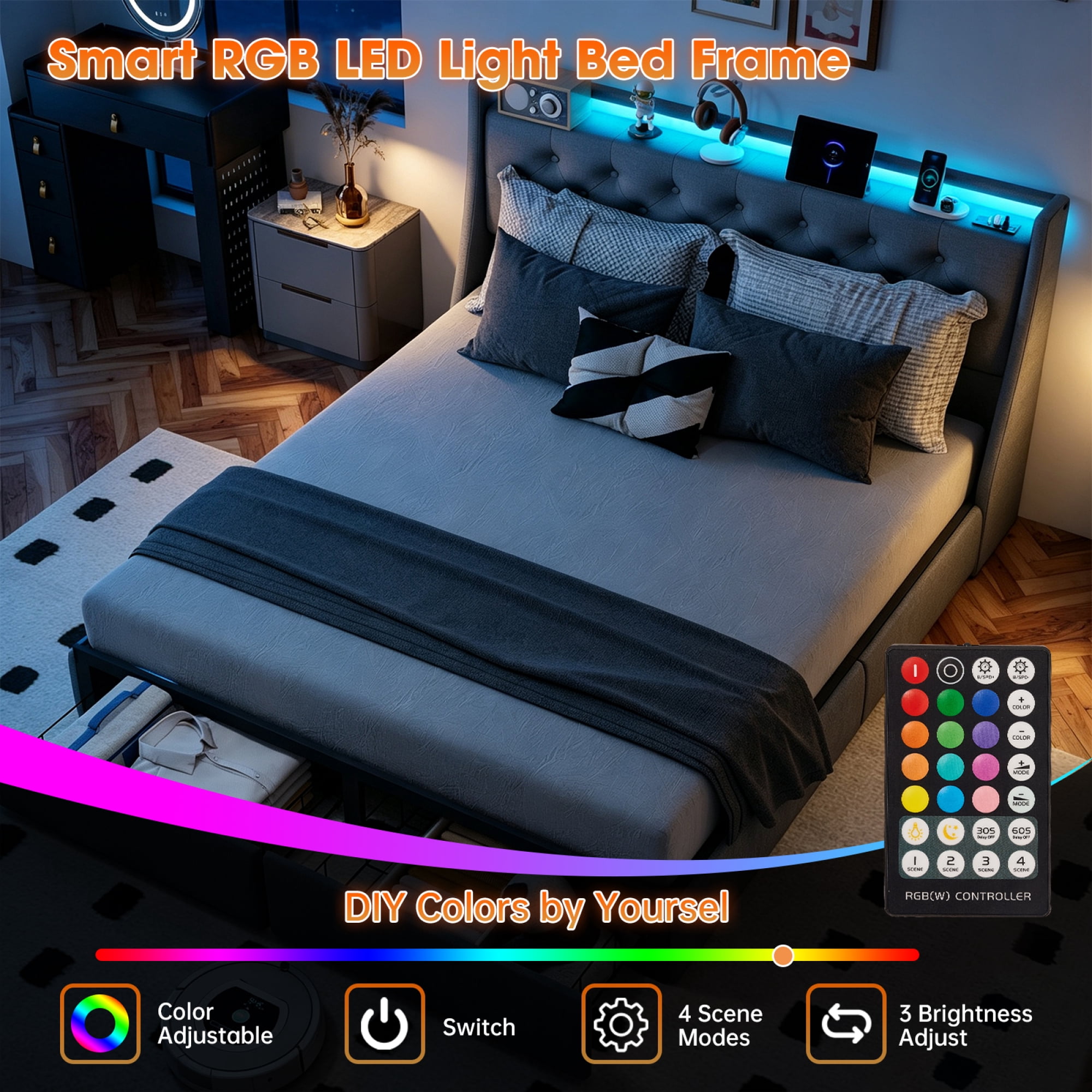 HOQBN Queen Size Metal Platform Bed Frame, Tufted Linen Headboard with 2 Foot Drawers, Remote RGB LED, USB Type-C AC Charging Station, 800LBS Noise Free Slat Support, No Box Spring