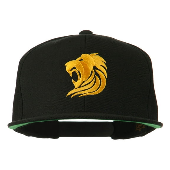 Gold Lion Embroidered Wool Snapback Cap - Black OSFM
