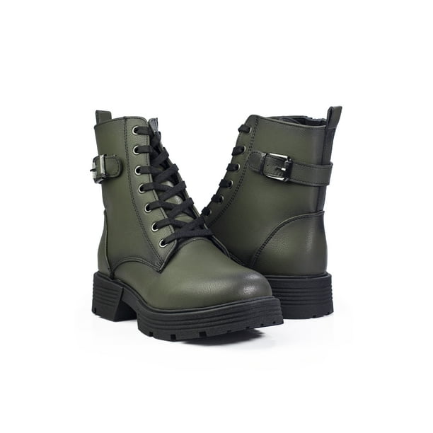 Bota A ÁNGELOZANOde Piel Sintética Color Verde con Agujetas – Hecho en México