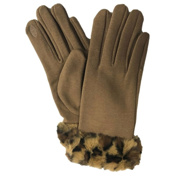 Womens Brown Leopard Print Faux Fur Stretch Fit Texting & Tech Touchscreen Gloves