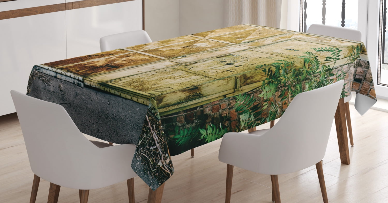 Industrial Tablecloth, Rustic Brick House Still Door with Moss and Dirt Urban Garage Outdoor