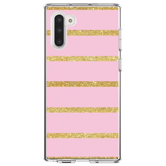DistinctInk Clear Shockproof Hybrid Case for Samsung Galaxy Note 10 (6.3" Screen) - TPU Bumper, Acrylic Back, Tempered Glass Screen Protector - Pink & Gold Print - Horizontal Stripes Pattern