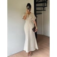 thumbnail image 5 of Apricot Linen V-Neck Petite Midi Dress With Lace Trim, High-Waist Pleated Slim Fit Elegant Vacation Dress, 5 of 7