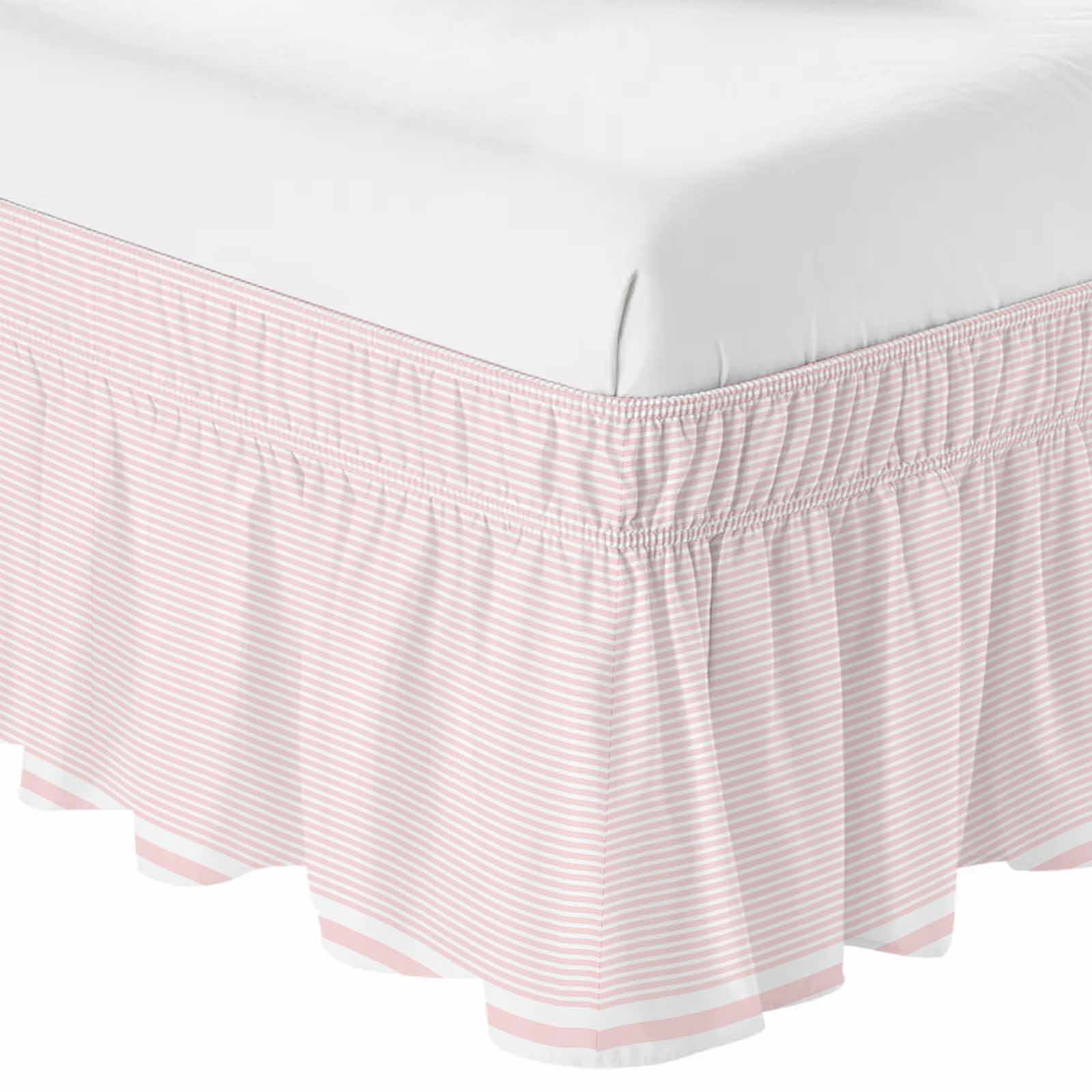 Bed Skirt Stripes Adjustable Elastic Wrap-Around Dust Ruffle with Abstract Pink Geometric Simple 18 Inch Drop, Bed Frame Cover for Queen Size Bed