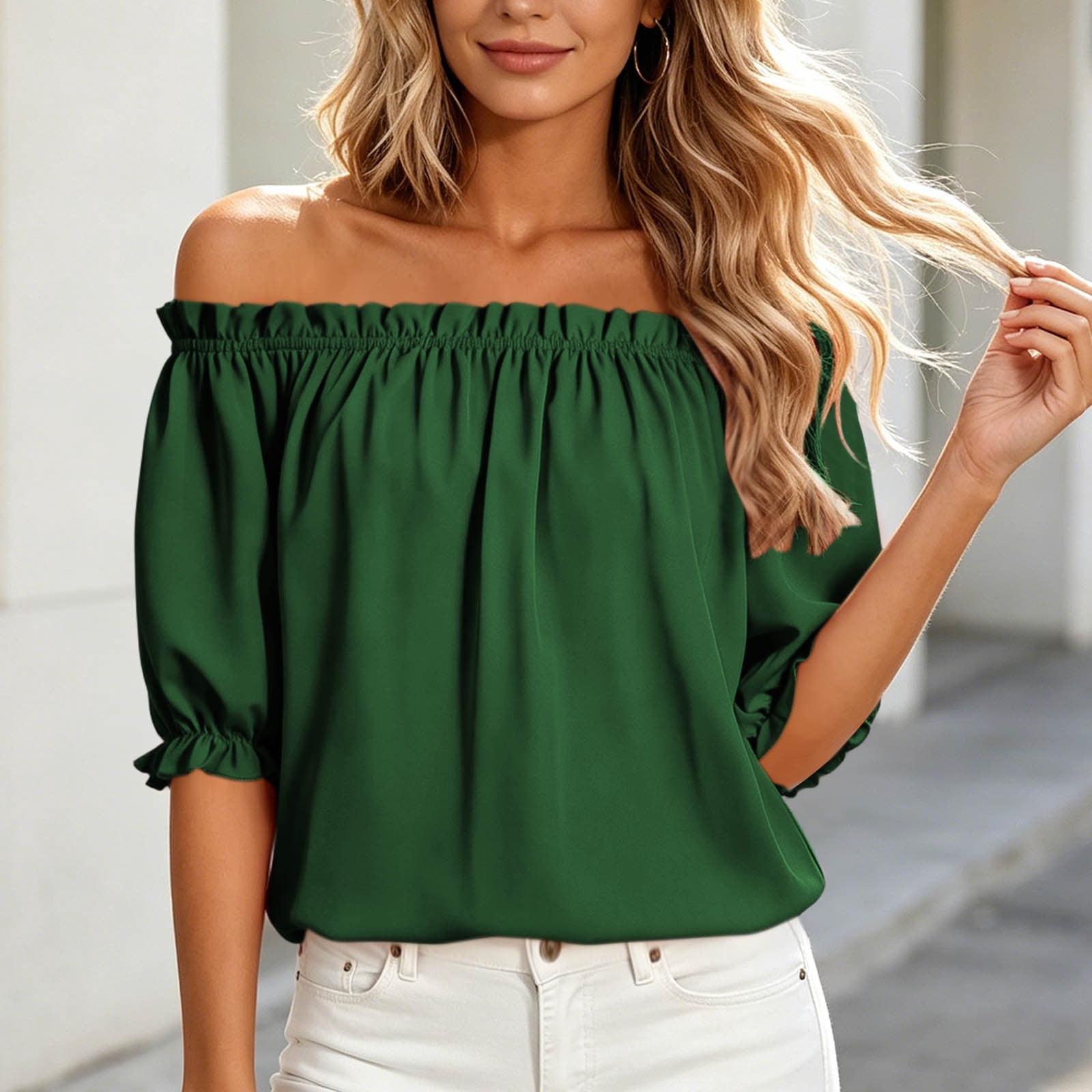 TKLPEHG Women Off Shoulder 3/4 Sleeve Blouse, Ruffled Neckline