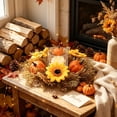 thumbnail image 1 of Pumpkin Candle Ring for Fall Home Decor, Rustic Harvest Wreath with Sunflowers, Artificial Floral Candle Holder, 11in Table Centerpiece for Autumn, 1 of 1