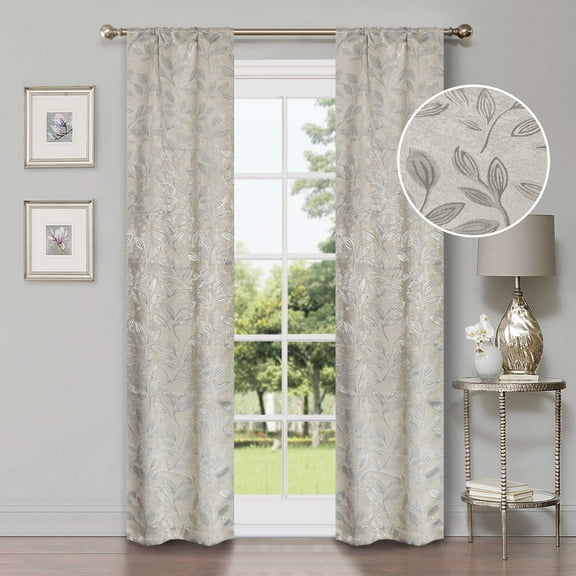 Superior Blackout Leaves Light Filtering Rod pocket Curtain Panel Set, 26"x84", Ivory