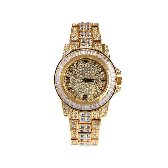 Fully Iced Out Simulated Diamond Bling Stainless Steel Hip Hop Gold Finish Men Women Adjustable Size Band Custom Luxury Rapper Quartz Watch