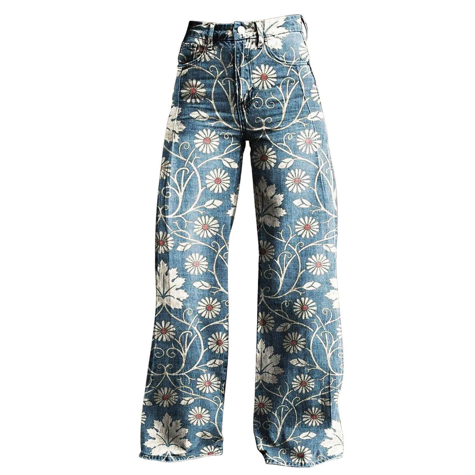 Clearance! Delayuji Womens Casual Pants Vintage Flower Print Casual Wide Leg Pants M Blue