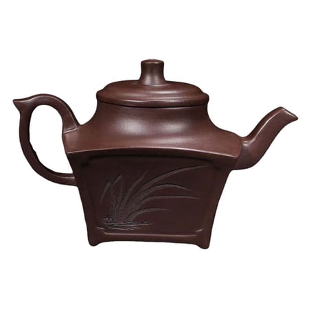 Vintage Yixing Teapot Exquisite Carving Chinese Ceremony Elegant Square Rectangular Carved Engraved Etched Orchid Calligraphy
