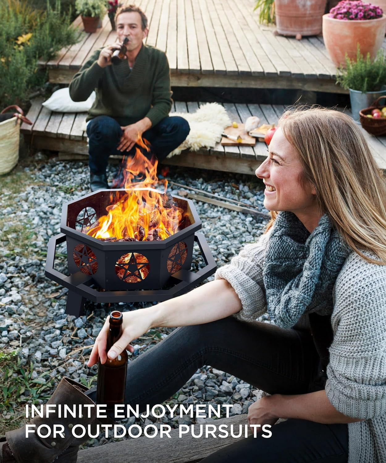 35 Inch Octagonal Fire Pit, Outdoor Wood Burning Fire Pit with Cooking Grill and Poker, Heavy Duty Large Firepit for Bonfire, Backyard, Patio, Picnic, Camping
