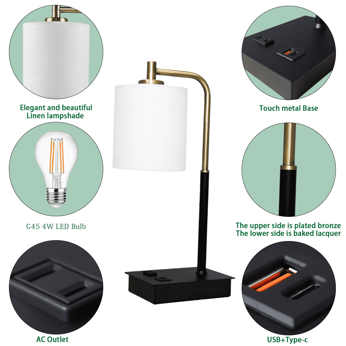 3-Way Dimmable Touch Control Table Lamp with USB A+C Port and Fabric Shade Bedside Lamp for Bedroom Living Room, Bulb Included