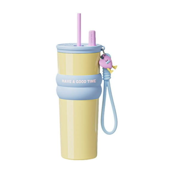 Vaso térmico portátil de viaje con pajita, gran capacidad, reutilizable. amarillo