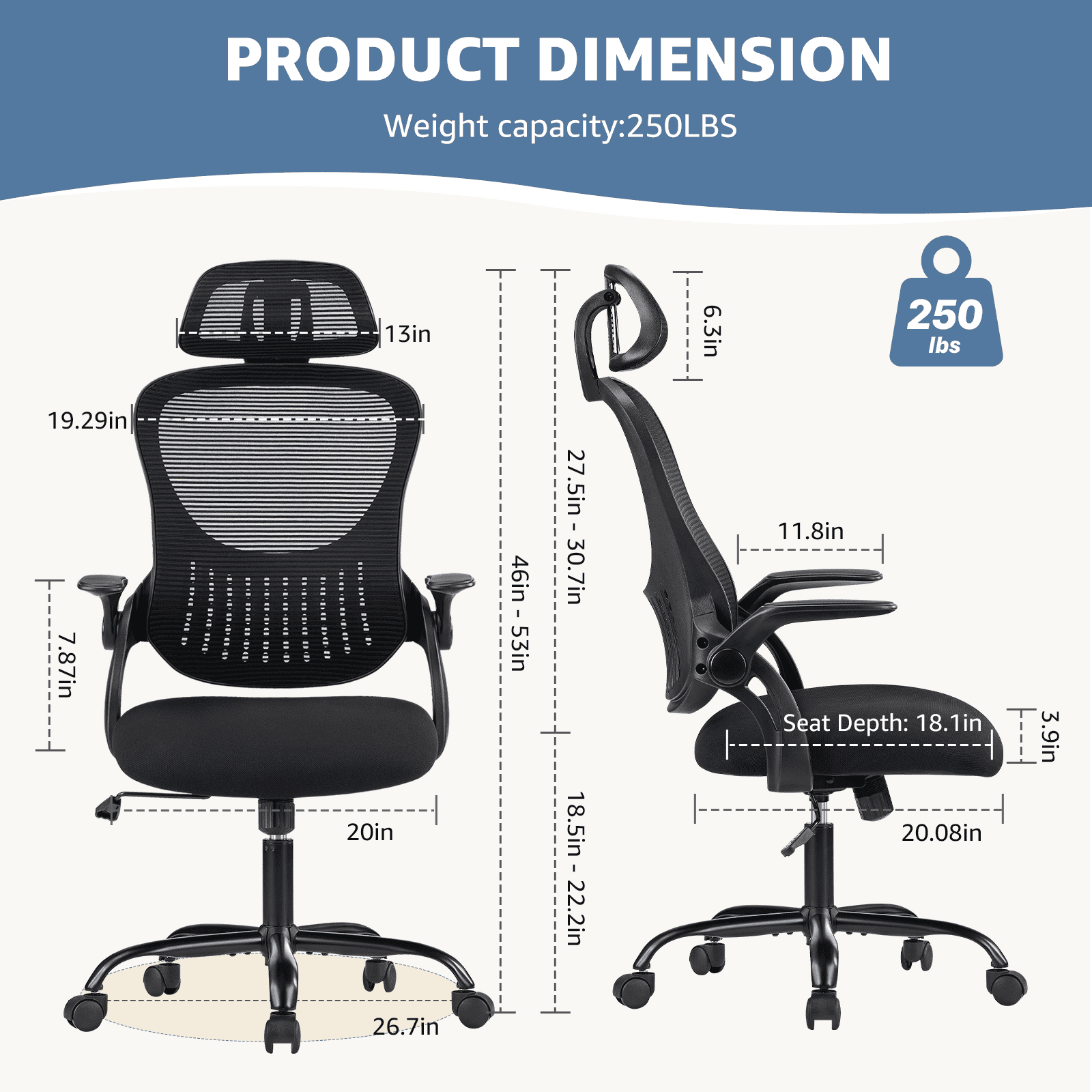MAYEERTY Ergonomic Office Chair with Headrest, Adjustable Task Chair with Flip-Up Armrests