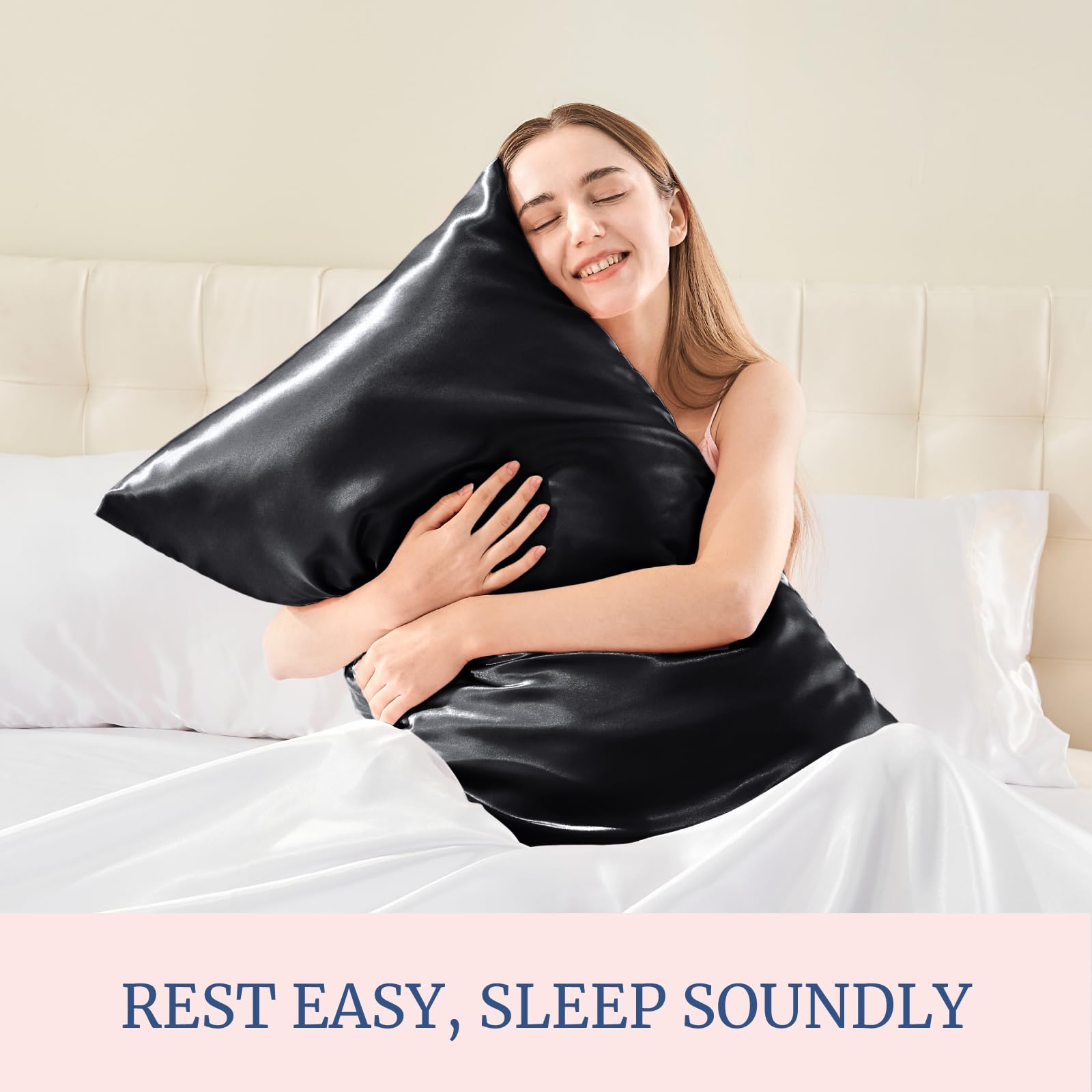 2 Pack Black Satin Pillowcase for Hair and Skin, Cooling Soft Silk Like Pillow Cases, Queen Size 20" x 30" with Envelope Closure