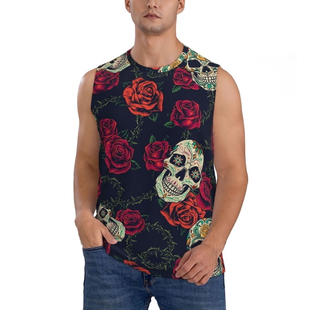 Fotbe Roses Skulls Men's Camiseta sin Mangas Estampada para Hombres, Playera Casual para Gimnasio, Entrenamiento, Playa-X-Large