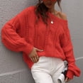 thumbnail image 3 of Jersey de manga larga abombada con cuello redondo para mujer, suéter holgado elegante de Color puro, suéter de punto con Cable hueco, naranja S, 3 of 6