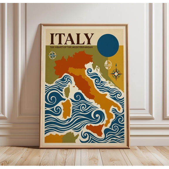 Italy Map Poster Travel Wall Art Print Mediterranean Coast Illustration Retro Country Map