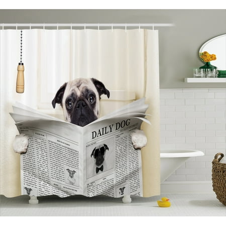 Pug Shower Curtain, Puppy Reading the Newspaper on the Toilet Bathroom Funny Image Pug Joke Print, Fabric Bathroom Set with Hooks, Cream Black White, by