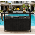thumbnail image 2 of Outdoor Wicker Bar Cart, Portable Mobile Bar Table with Large Capacity Storage Cabinets ,Glass Countertop, Kitchen Island Cart,  for Gardens, Pools, Patios, Outdoors, Black., 2 of 10