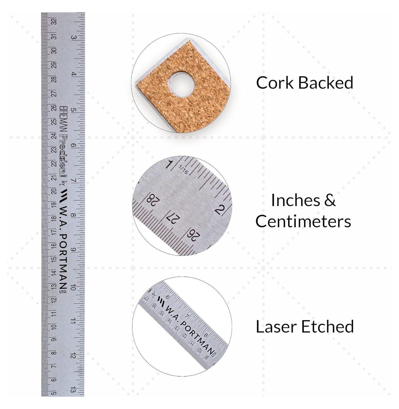 Unbranded Stainless Steel Metal Ruler with Cork Backing, 15 Inch, 2 Count, 2 Pack