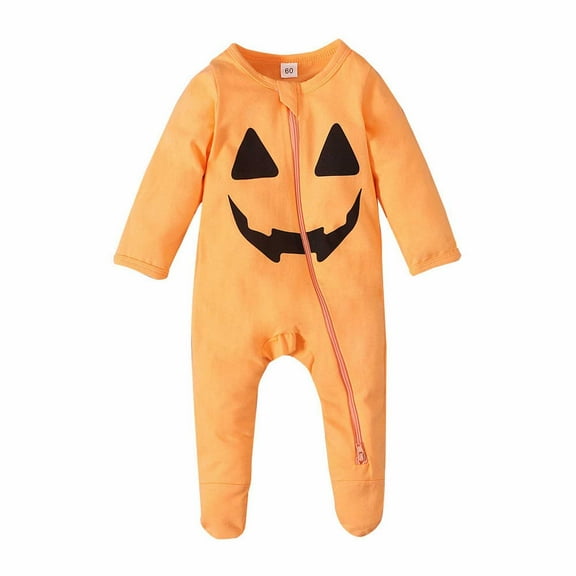 Coerni Halloween Toddler Baby Boys Girls Pumpkin Footed Jumpsuit Long Sleeve Zipper Bodysuit 3 6 12 18 Months Fall Winter Clothes