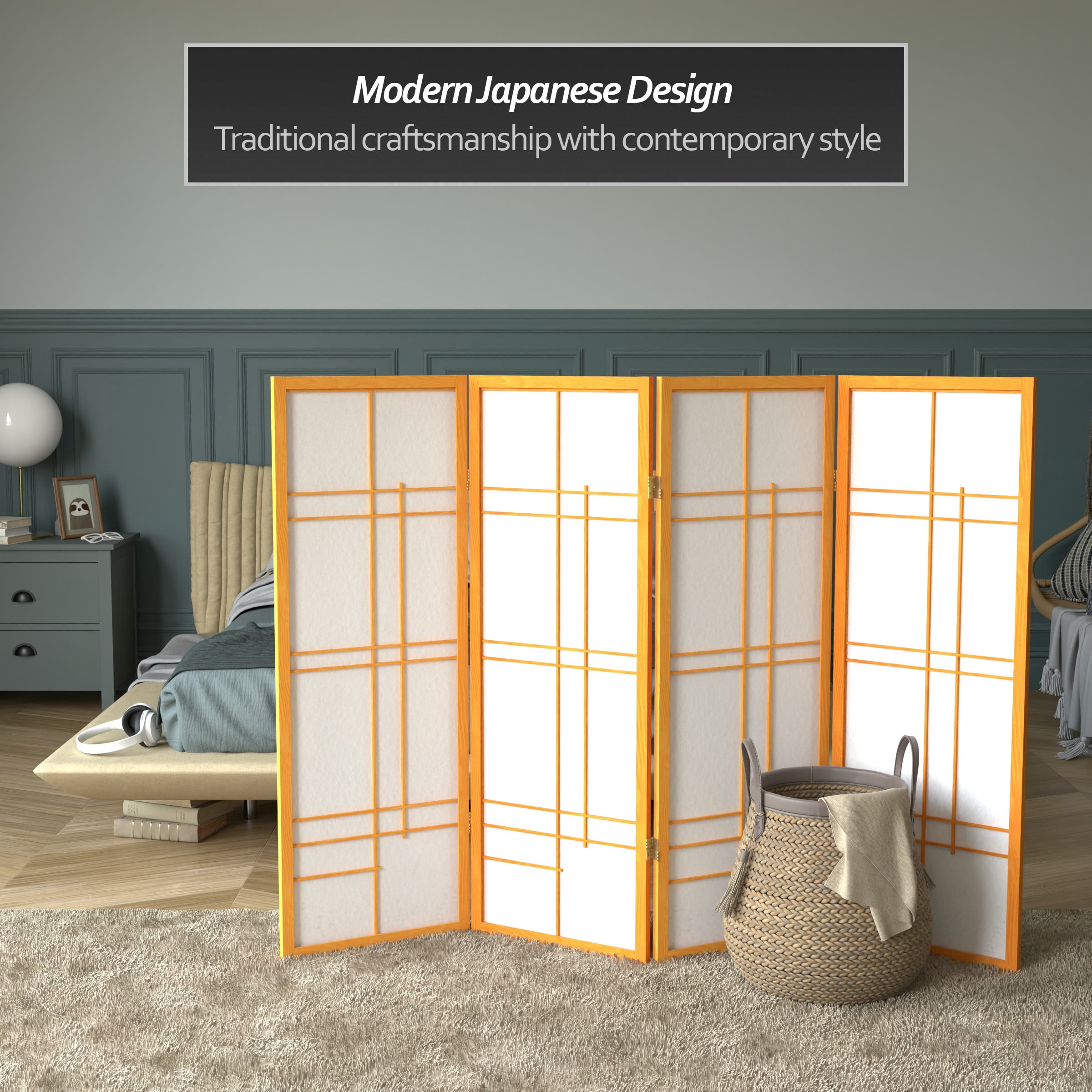 4 ft. Tall Japanese Style Eudes Lattice Folding Screen - Honey - 4 Panels