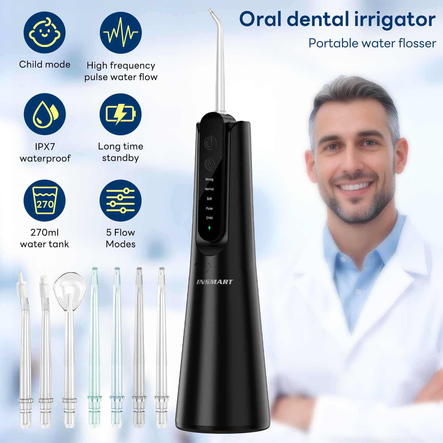 INSMART Cordless Water Flosser Dental Teeth Cleaner with 7 Jet Tips, 5 Mode 270 ML Tank IPX7 Waterproof,New Absorbent Balls to Filter Impurities