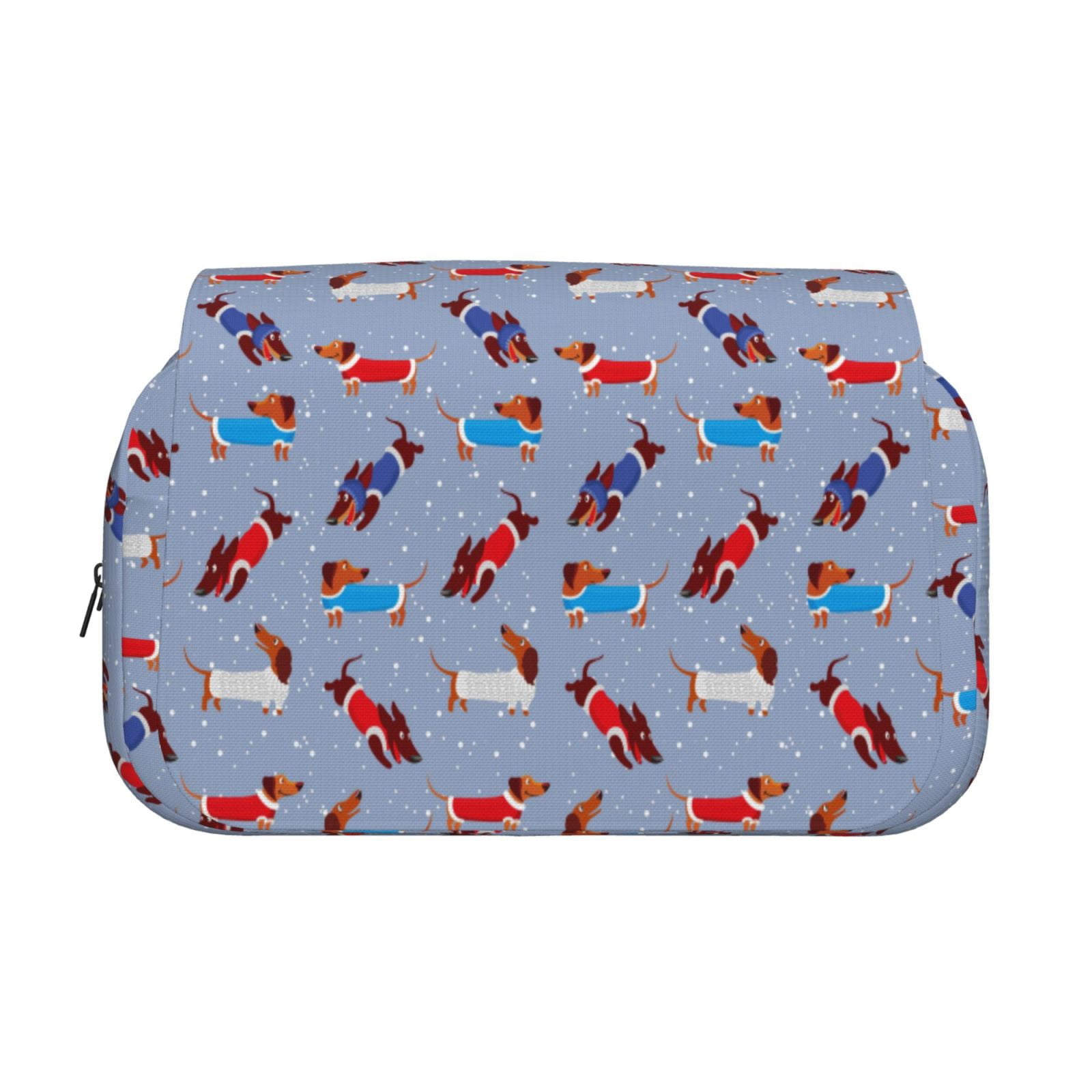 Rateoe winter Dachshund Pattern Double Clamshell Pen Case, Storage Organizer with Two Zipper Compartments– Holds Up to 50 Pencils & Pens