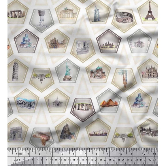 Soimoi Silk Fabric Geometric & Monuments Patchwork Print Fabric by The Yard 42 Inch Wide